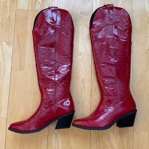 Cowboy Western Patent Red Leather Heeled Boots Knee High